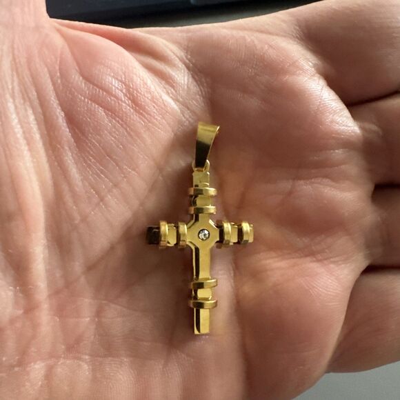 Cubic Zirconia Stainless Steel Cross Pendant Gift Trendy 24” Necklace Gold Tone - Picture 4 of 6